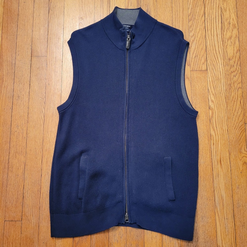 CREMIEUX Navy Blue Full Zip Mock Neck Sweater Vest L Cotton Dark Academia Earthy